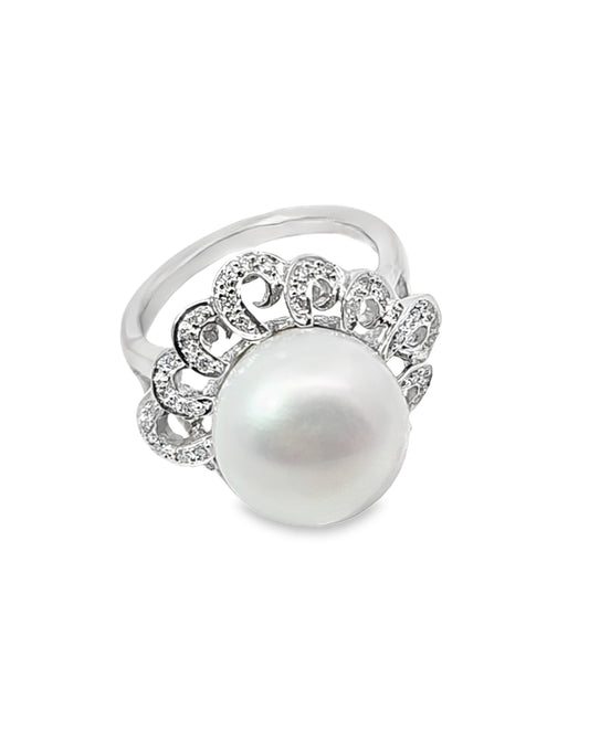 White Pearl Semi-Precious Stone FLORAL Diamond Ring