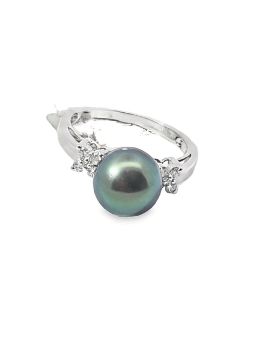 Black Pearl Semi-Precious Stone Diamond Ring