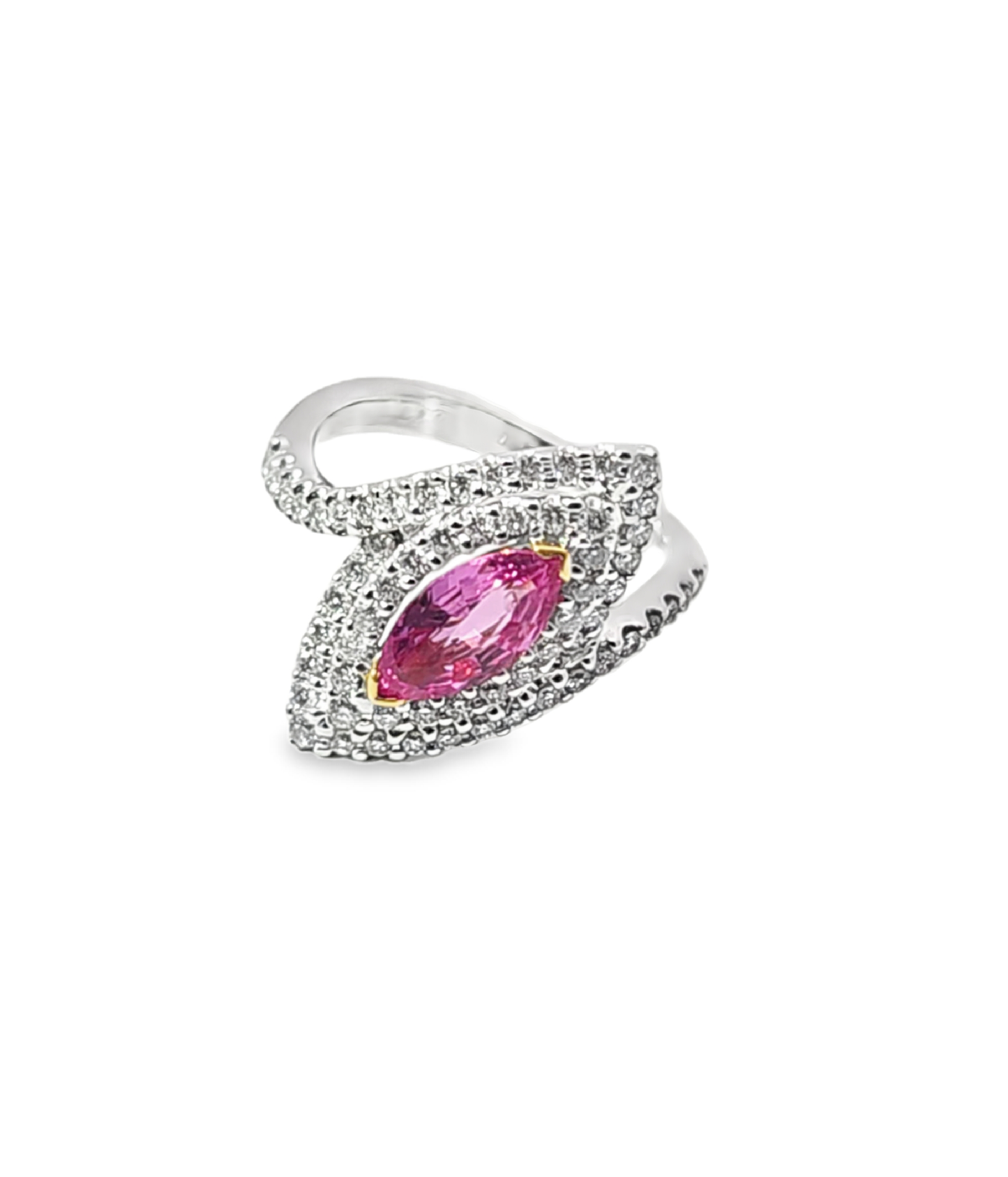 Anillo de oro blanco de 18 kt con zafiro rosa y diamantes