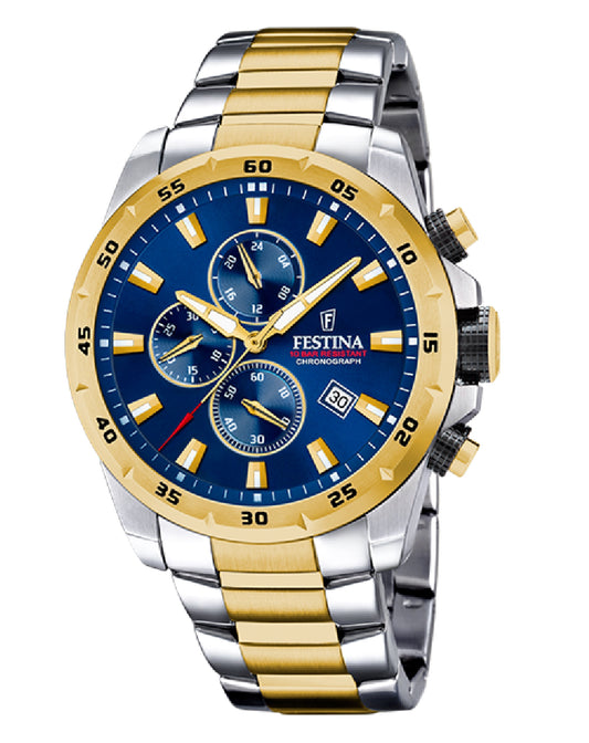 Festina F20562/2 Festina Chronograph Blue Dial Yellow Gold Pvd/Silver Bracelet Watch