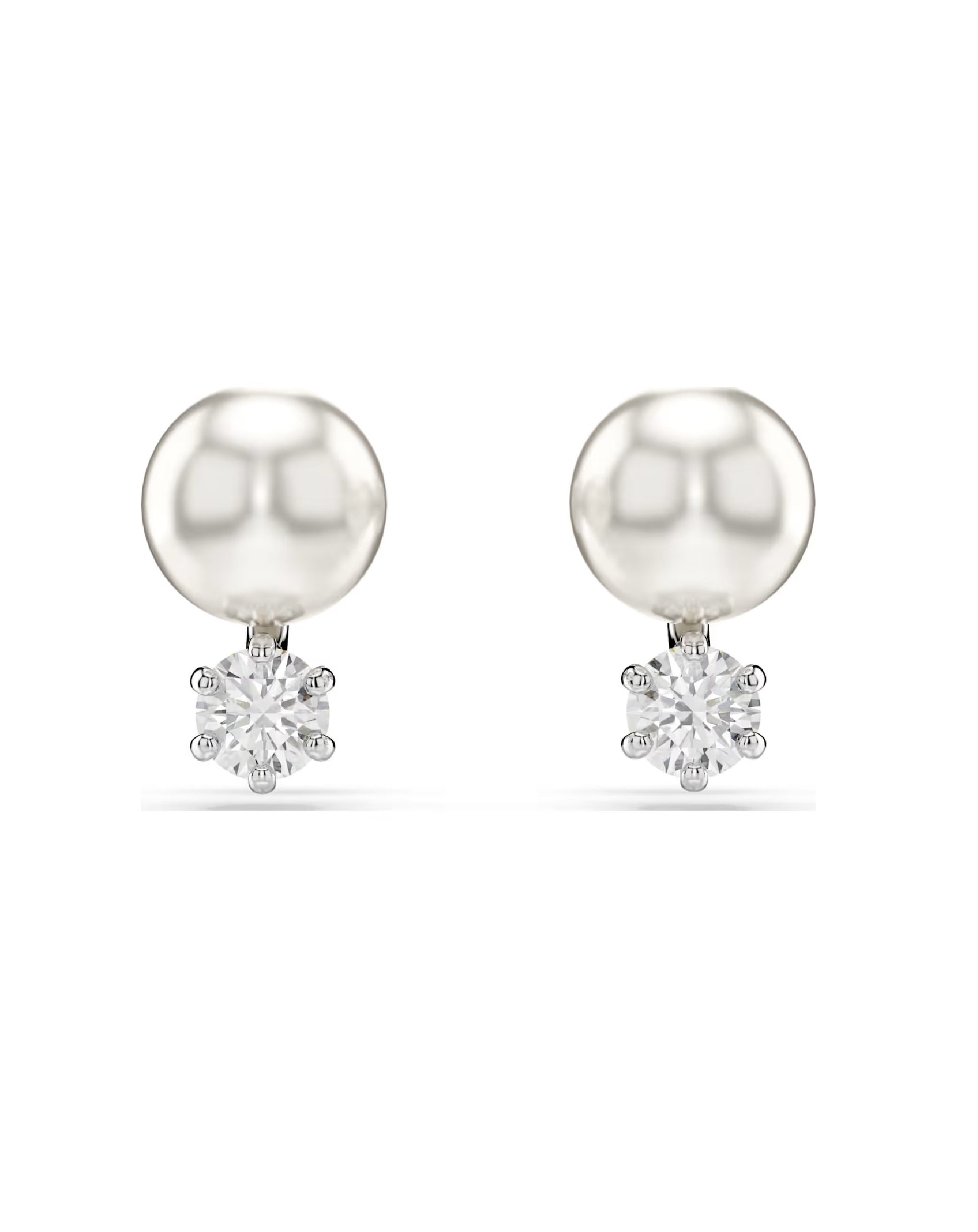 These stunning pierced studs are a fresh take on the classic pearl earring. Each rhodium plated piece features a single white Swarovski Crystal Pearl and a round-cut Swarovski Zirconia, linked in a refined display of light-filled luxury. Pair with a matching Matrix pendant for added radiance.