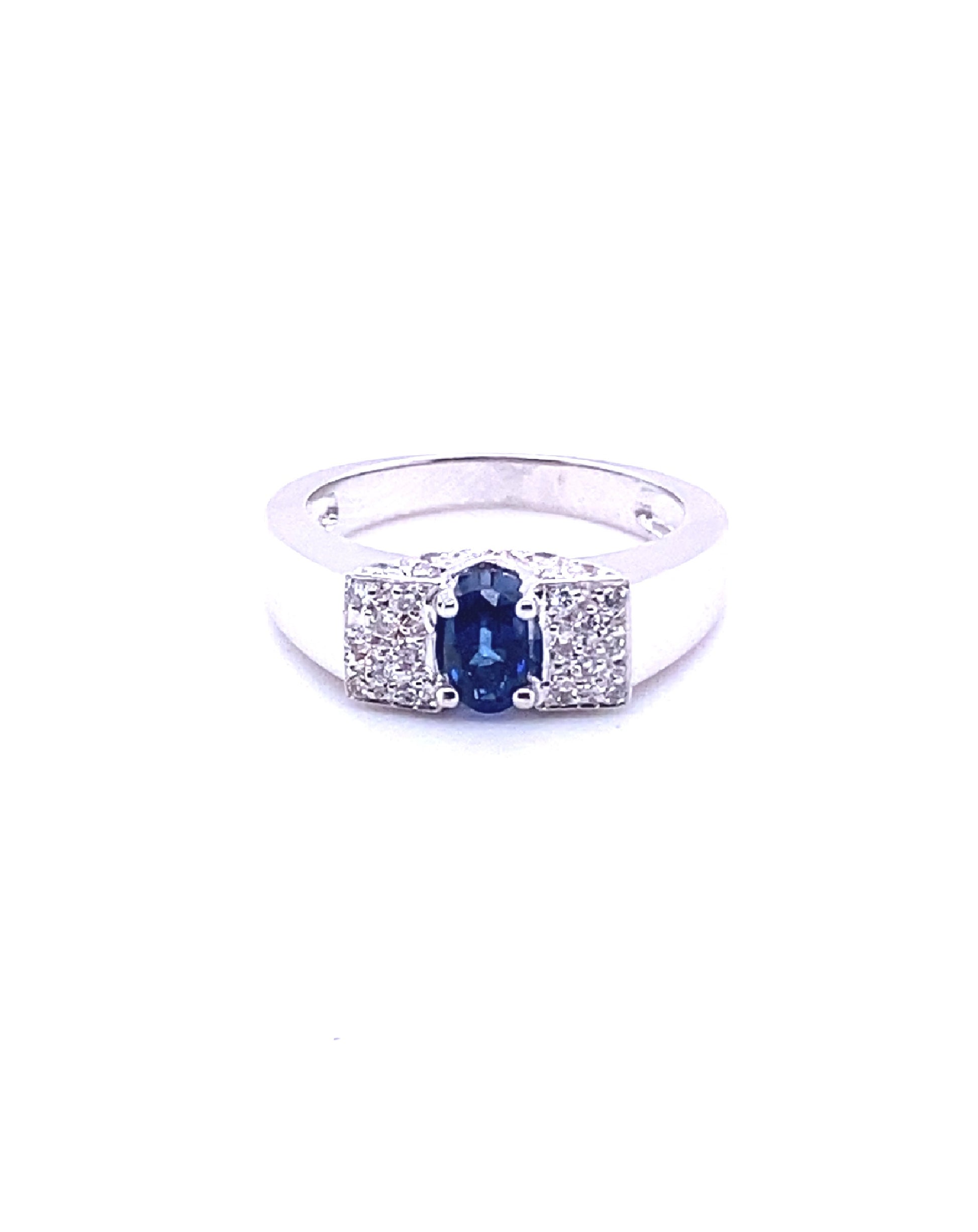 Diamonds 18 Kt White Gold Oval Blue Sapphire Diamond Ring, 0.55 CT Rings