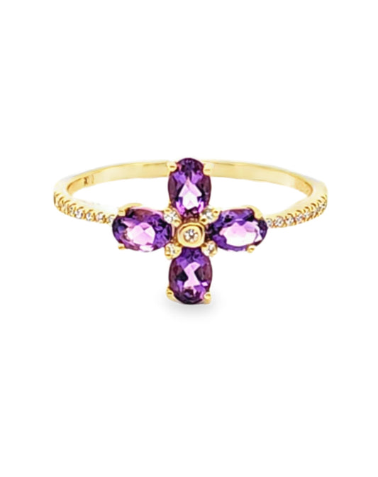 Amethyst  Diamond ring 0.60 Ct + 0.05 Ct Yellow Gold