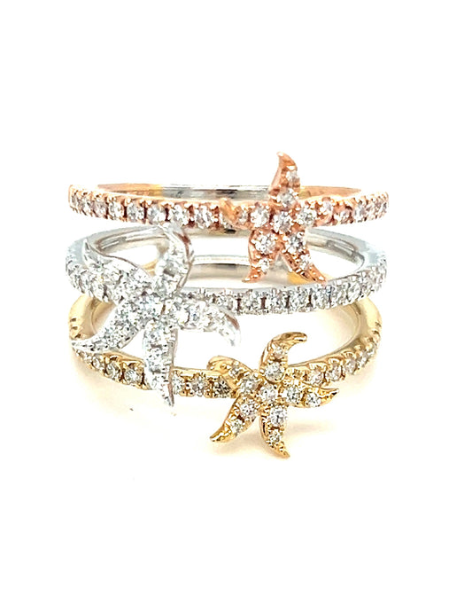 14 Kt White/Yellow/Rose Gold Star Diamond Ring