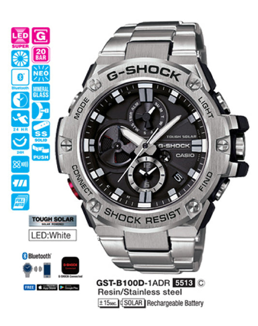 Casio GST-B100D-1A CASIO, G-Shock, Bluetooth, Stainless Steel Watch