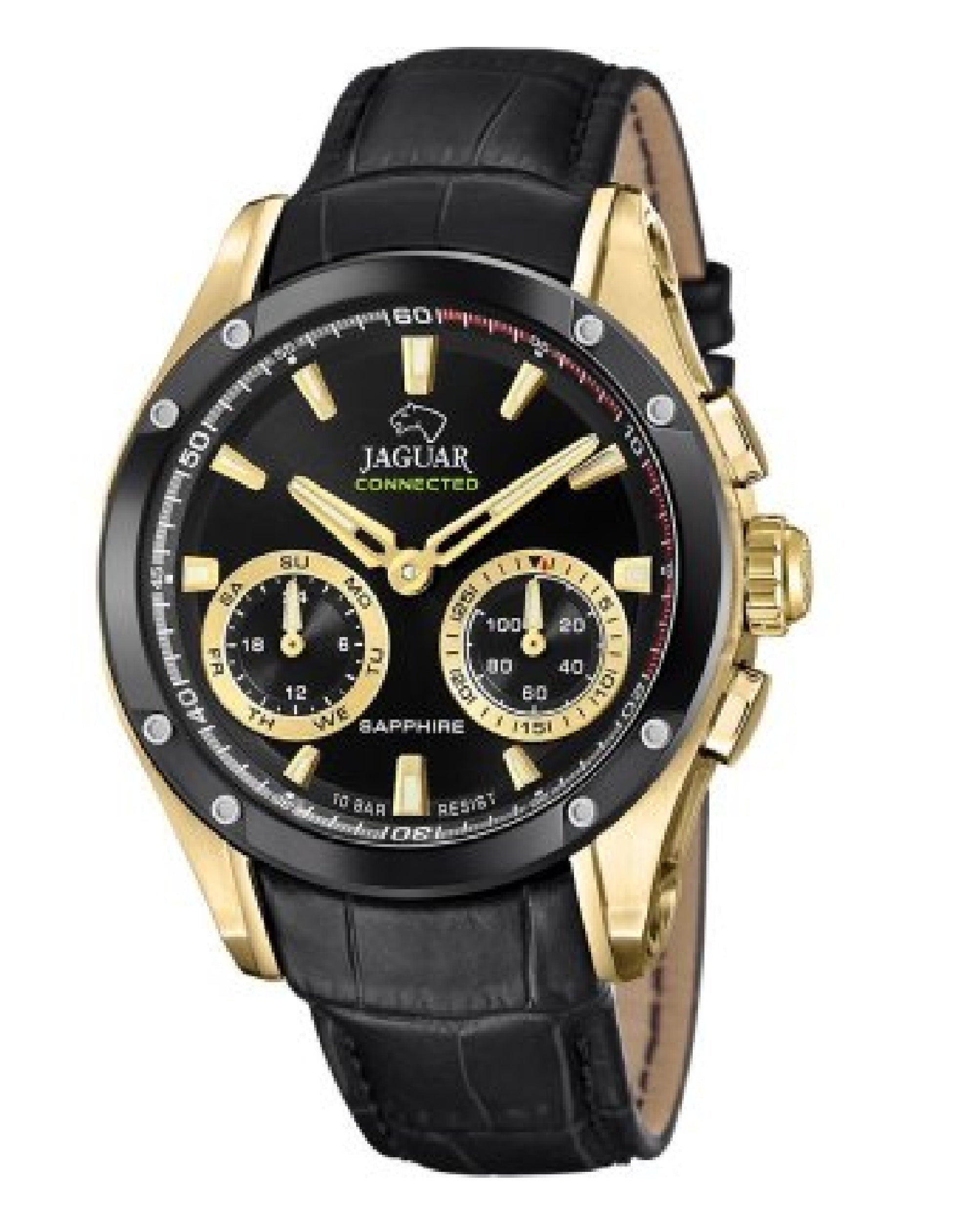 J962 2 JAGUAR HYBRID CONNECTED BLack LEATHER Yellow GOLD PLATED