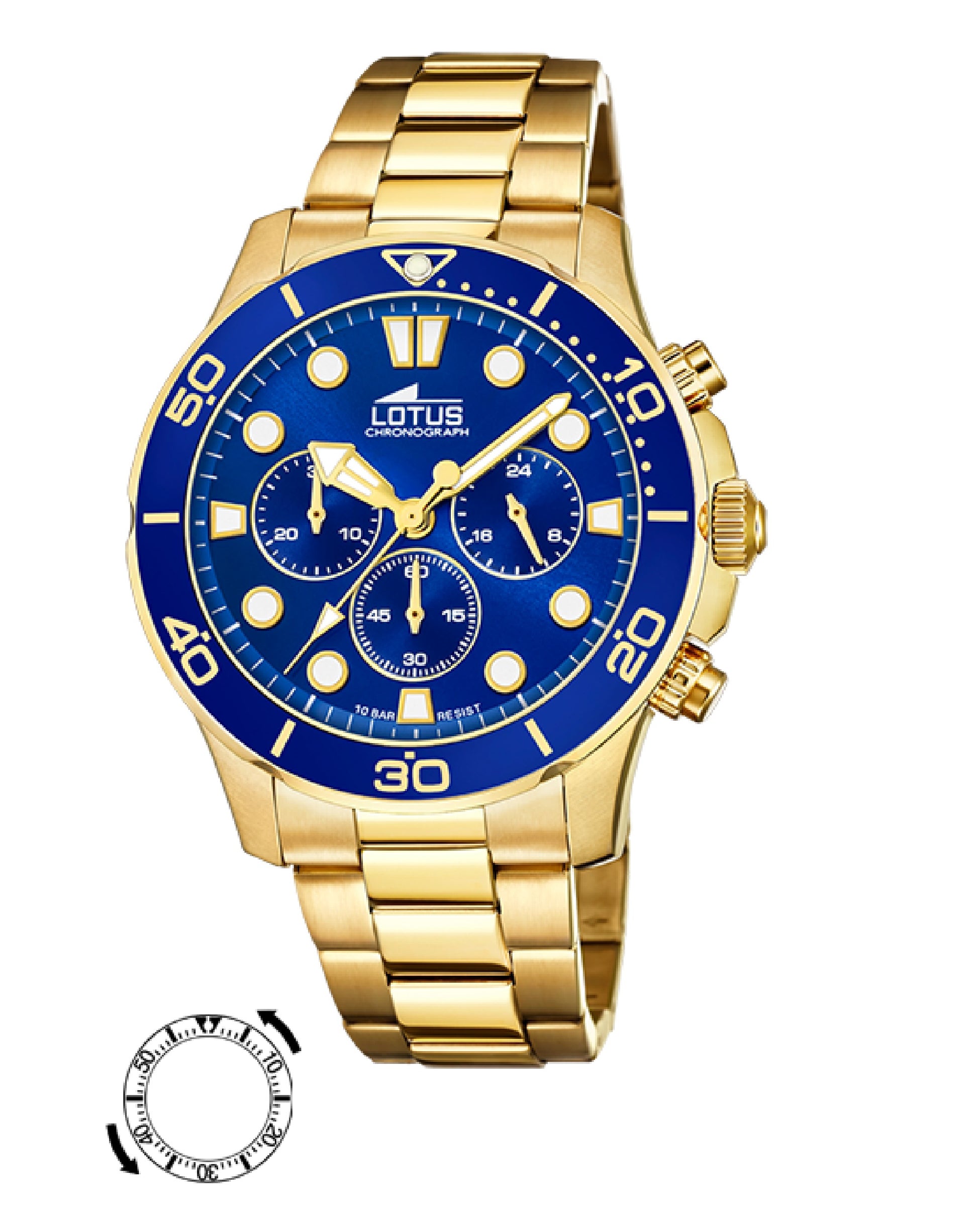 18757/1Lotus YELLOW GOLD PLATED STRAP & CASE WITH BLUE DIAL 44.50MM –  Diamonds N Diamonds